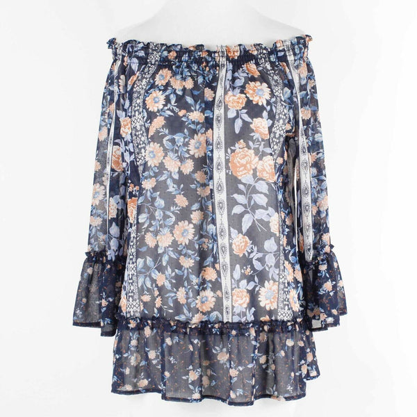 Westport 1962 NEW $36 Sz S Navy Peach Multi Convertible Ruffle Poly Top