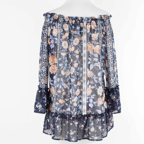 Westport 1962 NEW $36 Sz S Navy Peach Multi Convertible Ruffle Poly Top