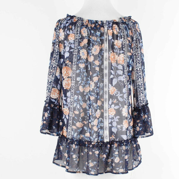 Westport 1962 NEW $36 Sz S Navy Peach Multi Convertible Ruffle Poly Top