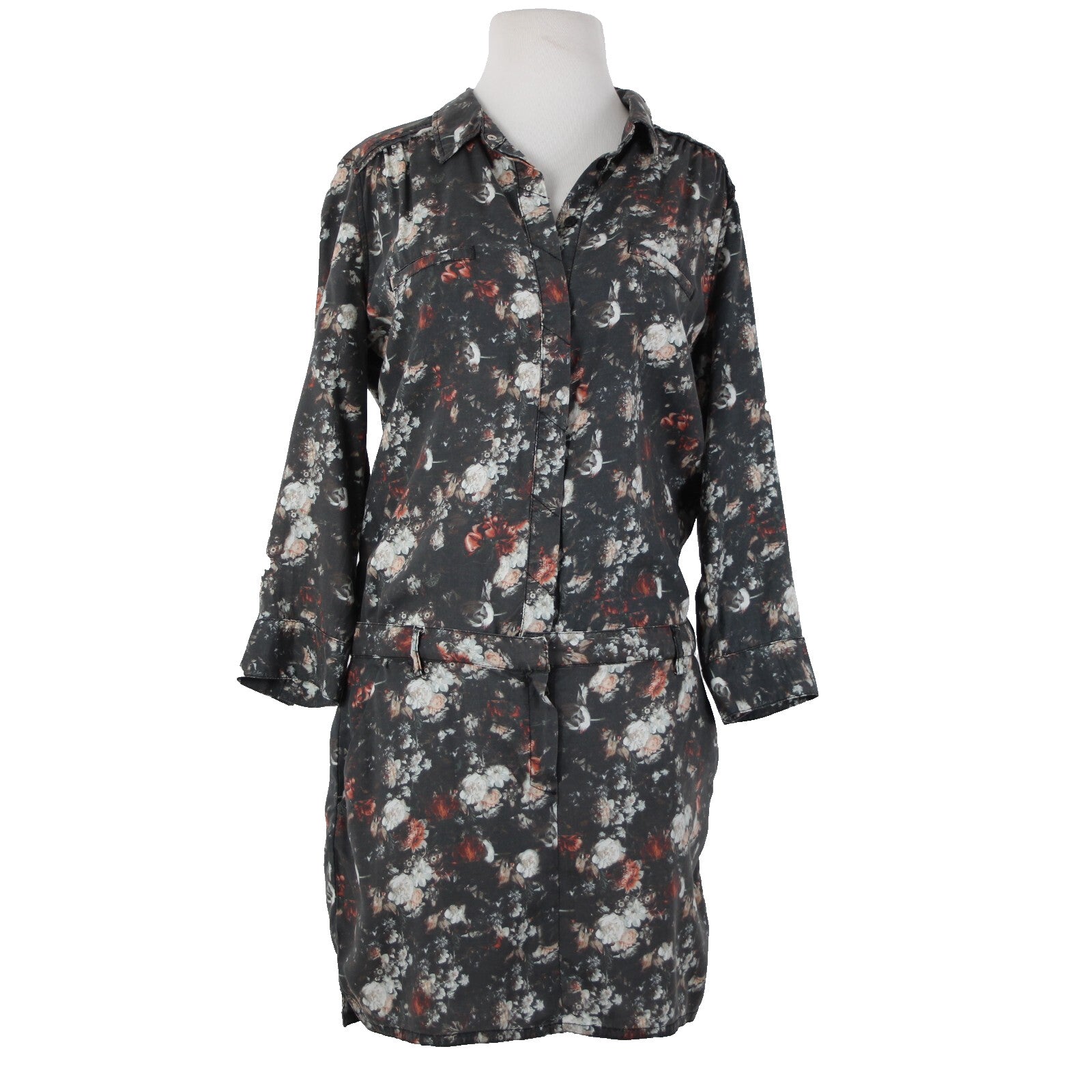 Etienne Marcel Sz L Charcoal Multi Color Floral Collared 100% Lyocell Dress