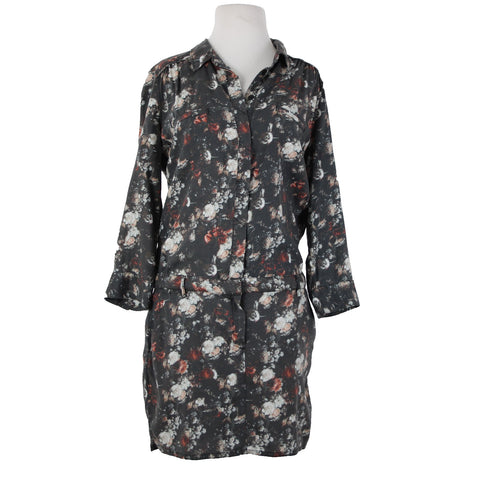 Etienne Marcel Sz L Charcoal Multi Color Floral Collared 100% Lyocell Dress