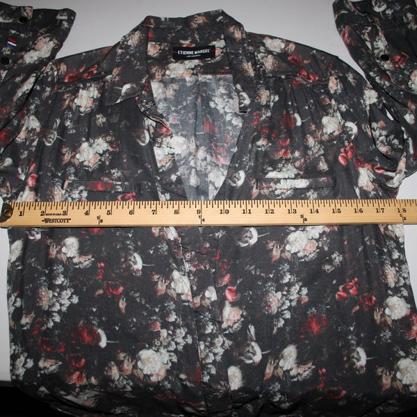 Etienne Marcel Sz L Charcoal Multi Color Floral Collared 100% Lyocell Dress