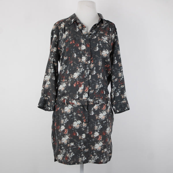 Etienne Marcel Sz L Charcoal Multi Color Floral Collared 100% Lyocell Dress