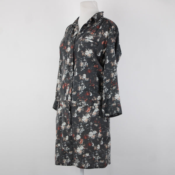Etienne Marcel Sz L Charcoal Multi Color Floral Collared 100% Lyocell Dress