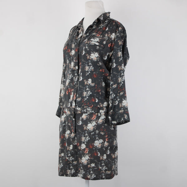 Etienne Marcel Sz L Charcoal Multi Color Floral Collared 100% Lyocell Dress