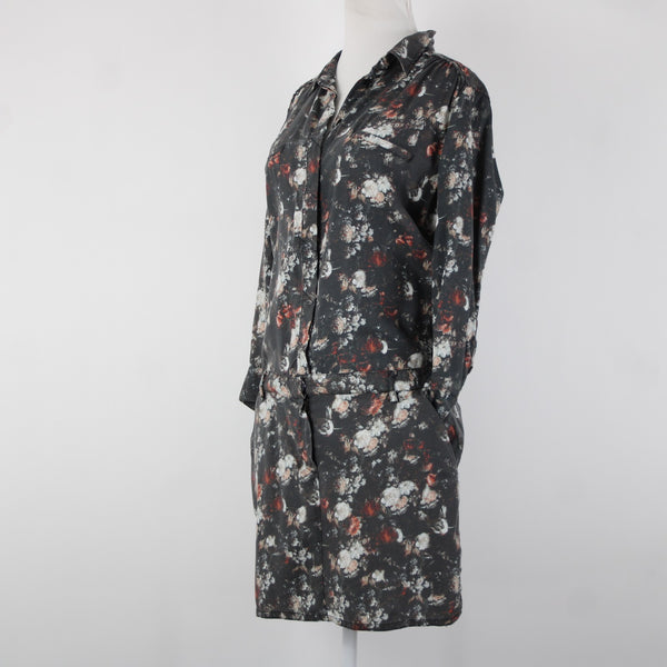 Etienne Marcel Sz L Charcoal Multi Color Floral Collared 100% Lyocell Dress