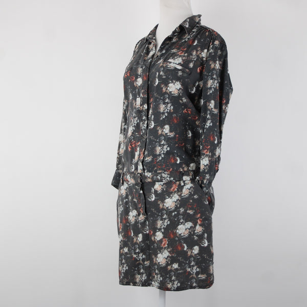 Etienne Marcel Sz L Charcoal Multi Color Floral Collared 100% Lyocell Dress