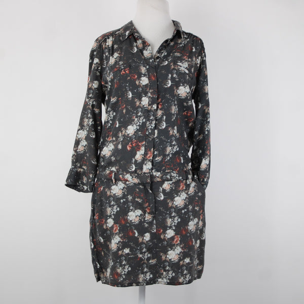 Etienne Marcel Sz L Charcoal Multi Color Floral Collared 100% Lyocell Dress