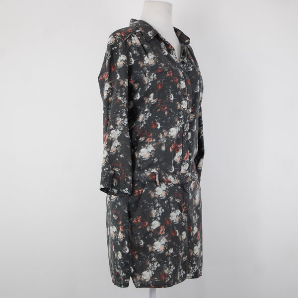 Etienne Marcel Sz L Charcoal Multi Color Floral Collared 100% Lyocell Dress