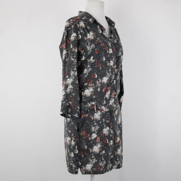 Etienne Marcel Sz L Charcoal Multi Color Floral Collared 100% Lyocell Dress