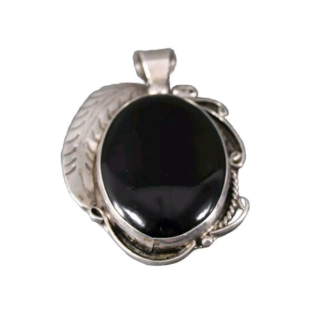 Calvin Tom Sterling Silver Black Onyx Feather Detail Scroll Engrave 2.5" Pendant