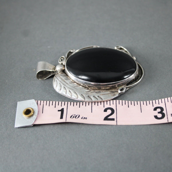 Calvin Tom Sterling Silver Black Onyx Feather Detail Scroll Engrave 2.5" Pendant