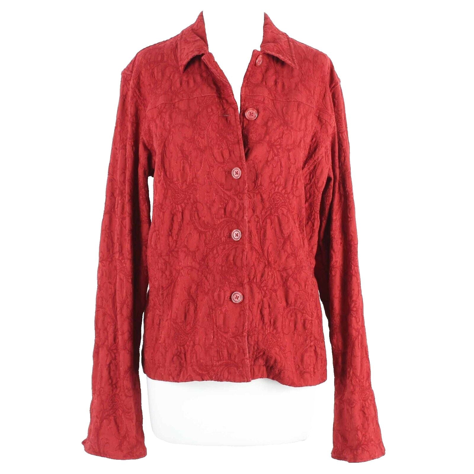 Coldwater Creek Sz L Red Paisley Textured Cuffed Button Up Cotton Blend Jacket