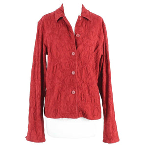 Coldwater Creek Sz L Red Paisley Textured Cuffed Button Up Cotton Blend Jacket