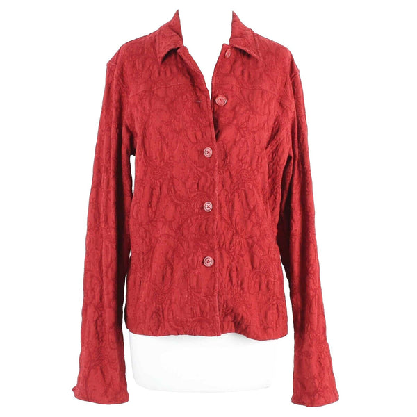 Coldwater Creek Sz L Red Paisley Textured Cuffed Button Up Cotton Blend Jacket