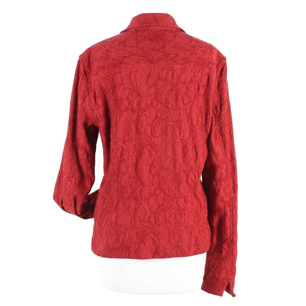 Coldwater Creek Sz L Red Paisley Textured Cuffed Button Up Cotton Blend Jacket