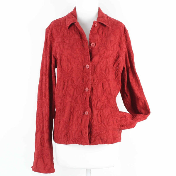 Coldwater Creek Sz L Red Paisley Textured Cuffed Button Up Cotton Blend Jacket
