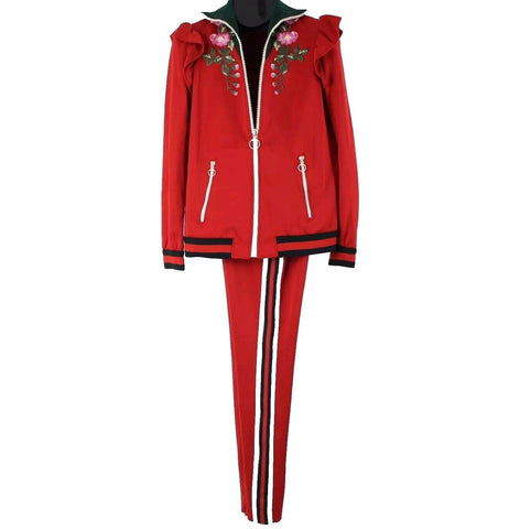 Gucci Sz M Red Green Multi Color Floral Floral Embroidered Track Sport Suit