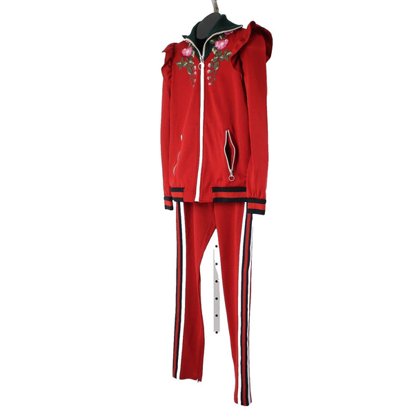 Gucci Sz M Red Green Multi Color Floral Floral Embroidered Track Sport Suit