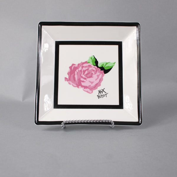 Betsey Johnson 7" Plate Black White Pink Floral Logo China Trinket Plate