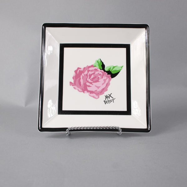 Betsey Johnson 7" Plate Black White Pink Floral Logo China Trinket Plate