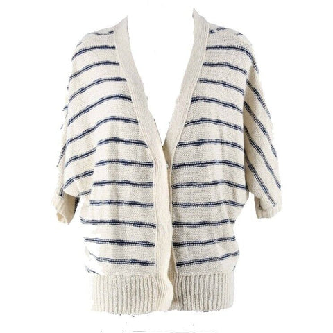 Signature 8 Sz S M Beige Navy Stripe Slouchy 3 Snap Boho Acrylic Cardigan