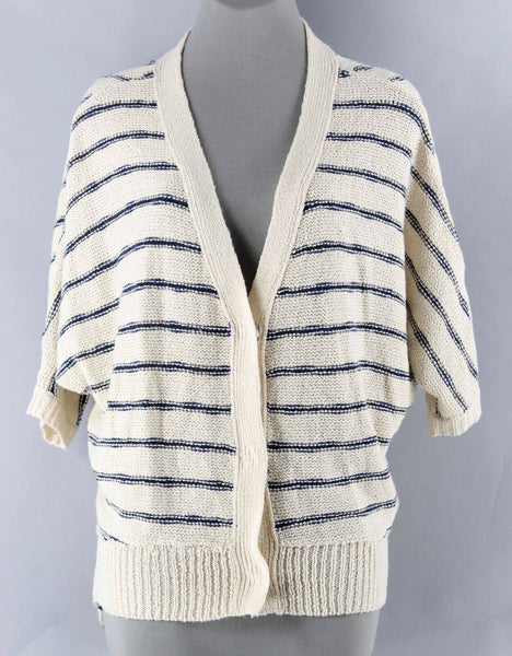 Signature 8 Sz S M Beige Navy Stripe Slouchy 3 Snap Boho Acrylic Cardigan