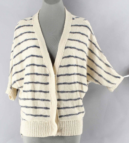 Signature 8 Sz S M Beige Navy Stripe Slouchy 3 Snap Boho Acrylic Cardigan