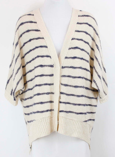 Signature 8 Sz S M Beige Navy Stripe Slouchy 3 Snap Boho Acrylic Cardigan