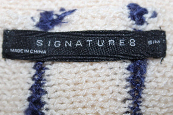 Signature 8 Sz S M Beige Navy Stripe Slouchy 3 Snap Boho Acrylic Cardigan