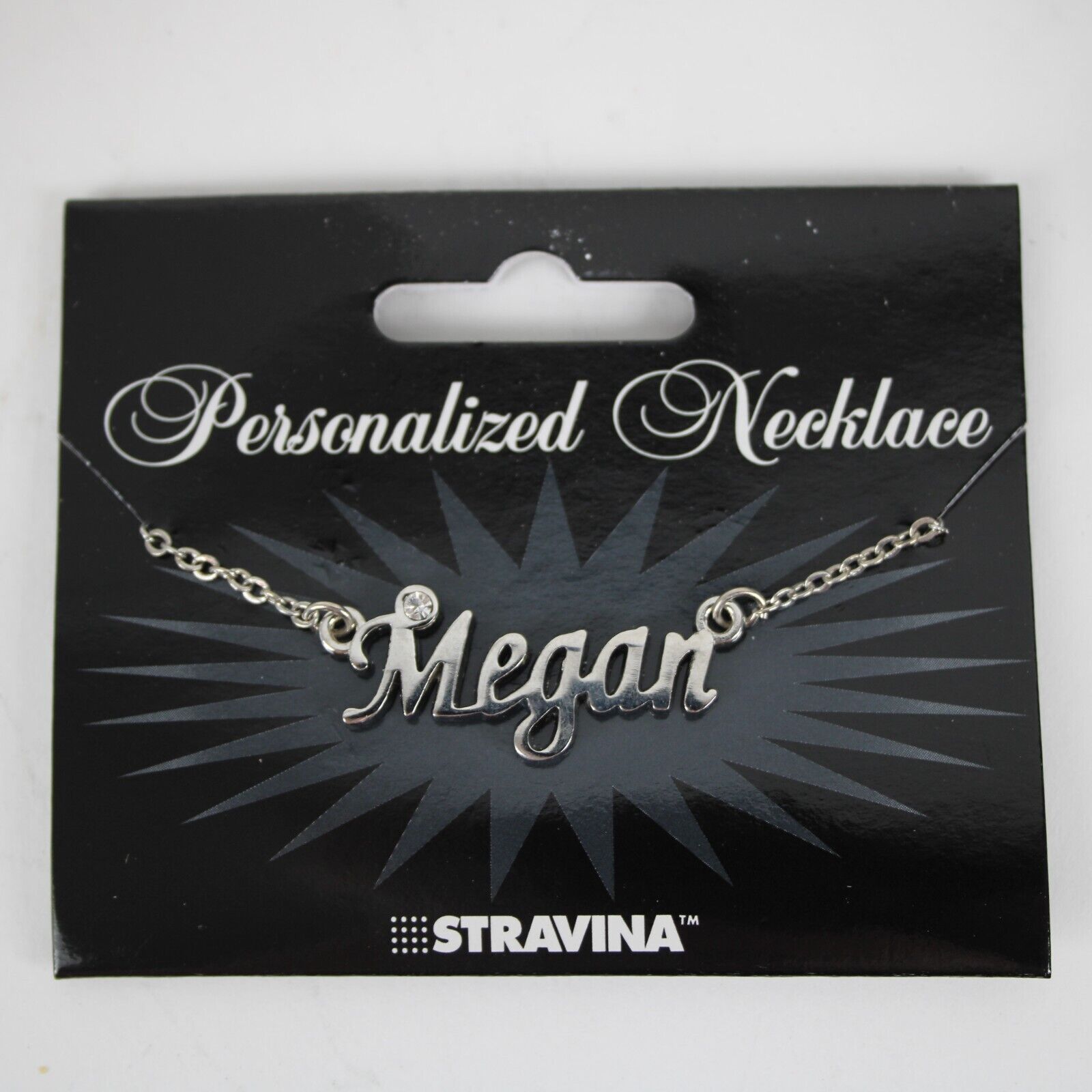 MEGAN NEW Name Silvertone Rhinestone 14.5" w 4.5" Multi Ring Extender Necklace