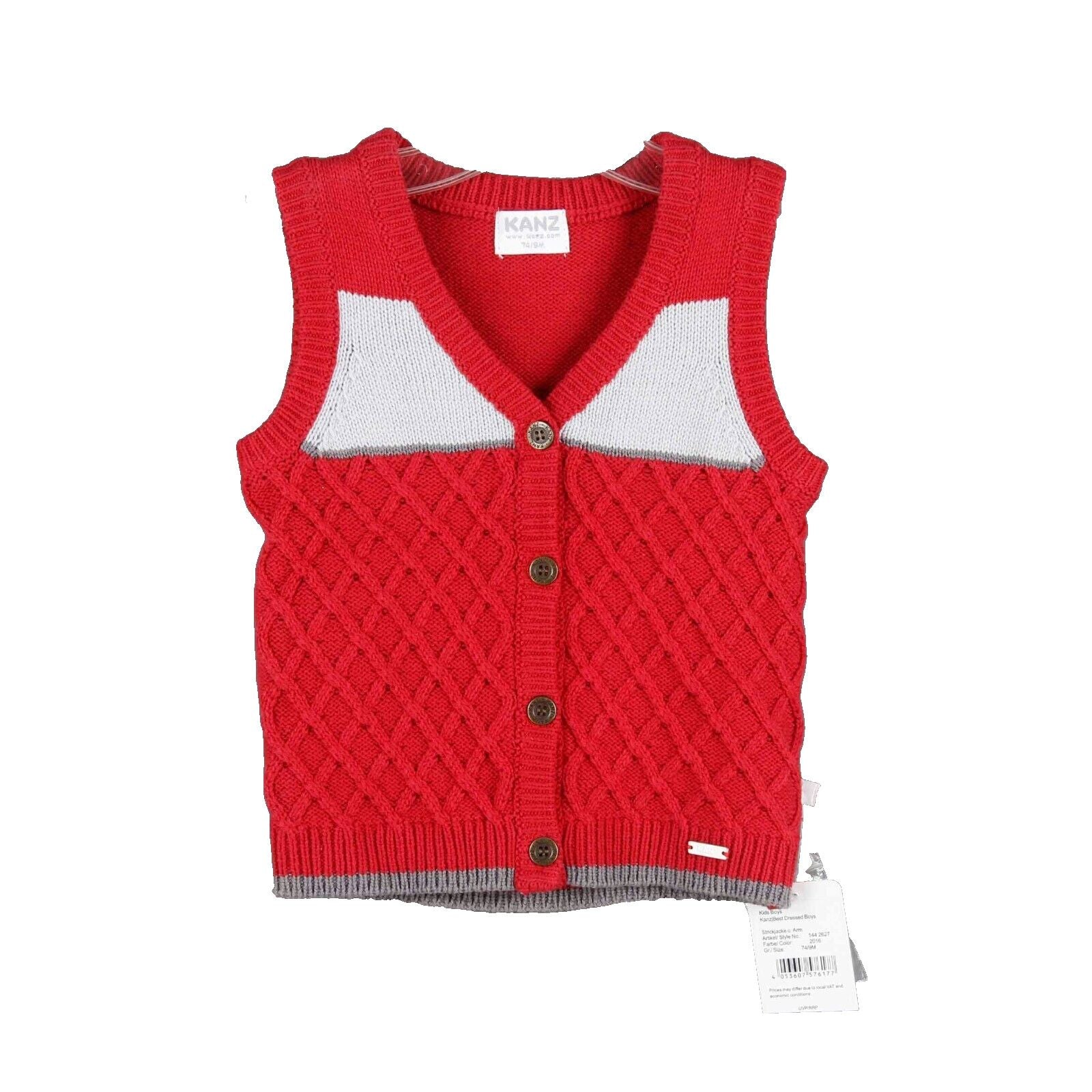 Kanz NEW Sz 9 Mo Red Gray Colorblock V Neck Button Up Cotton Blend Knit Vest