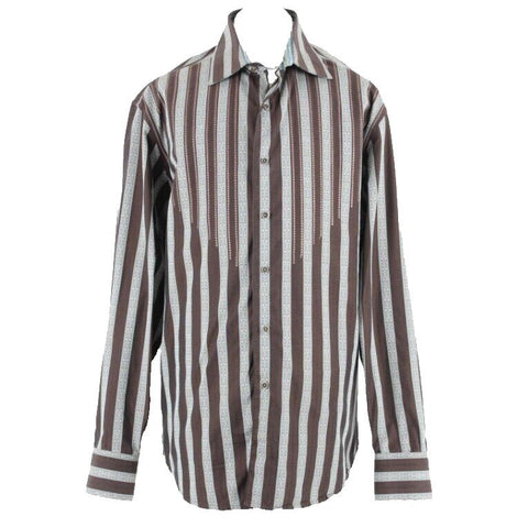 Robert Graham Sz L Brown Aqua Stripe Embroidered Reverse Cuff Cotton Silk Shirt