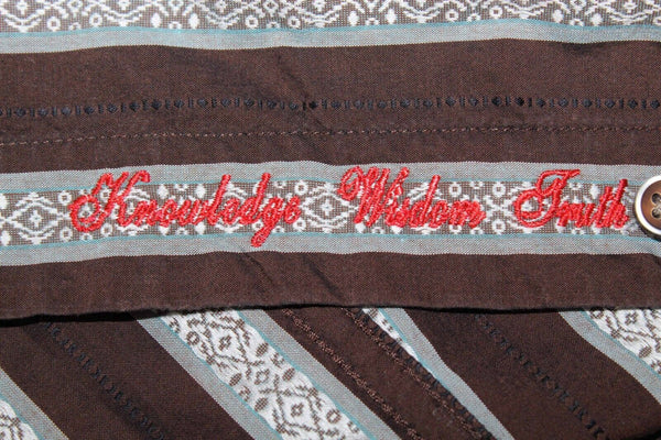 Robert Graham Sz L Brown Aqua Stripe Embroidered Reverse Cuff Cotton Silk Shirt