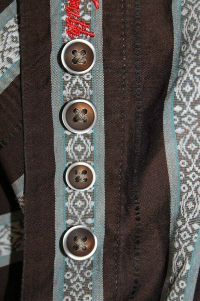Robert Graham Sz L Brown Aqua Stripe Embroidered Reverse Cuff Cotton Silk Shirt