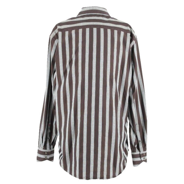 Robert Graham Sz L Brown Aqua Stripe Embroidered Reverse Cuff Cotton Silk Shirt
