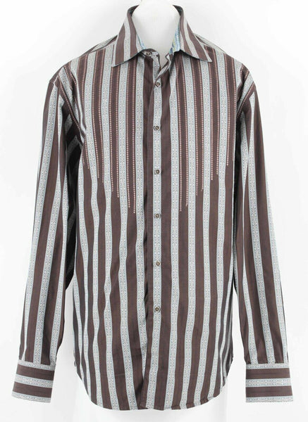 Robert Graham Sz L Brown Aqua Stripe Embroidered Reverse Cuff Cotton Silk Shirt