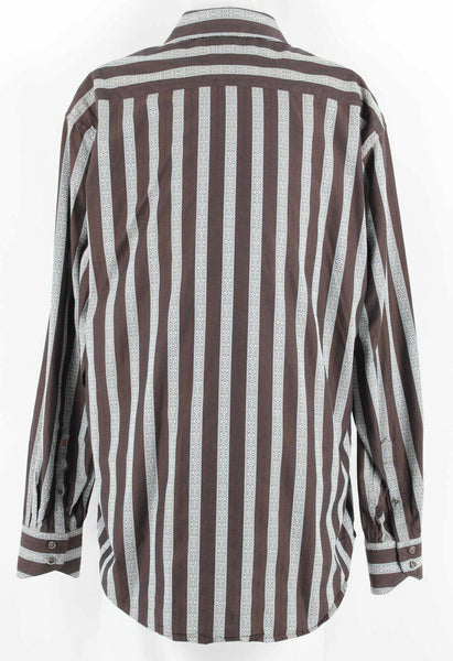 Robert Graham Sz L Brown Aqua Stripe Embroidered Reverse Cuff Cotton Silk Shirt
