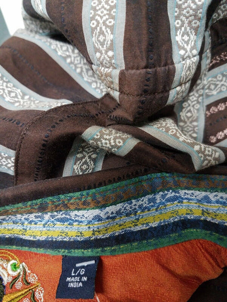 Robert Graham Sz L Brown Aqua Stripe Embroidered Reverse Cuff Cotton Silk Shirt