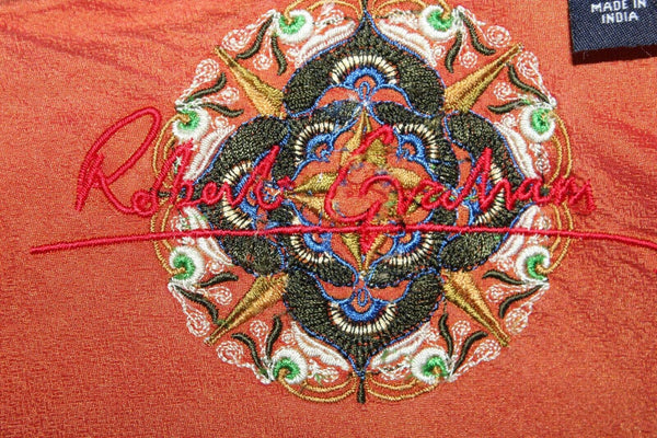 Robert Graham Sz L Brown Aqua Stripe Embroidered Reverse Cuff Cotton Silk Shirt
