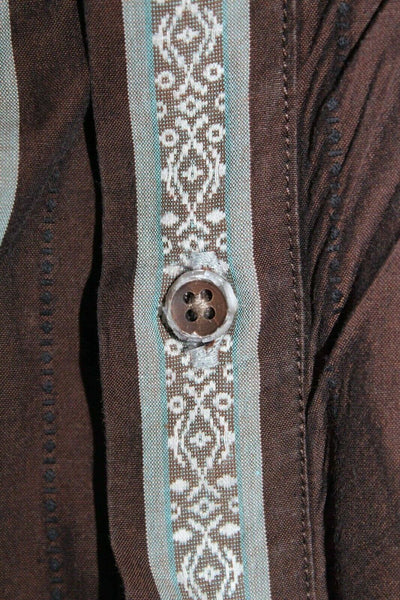 Robert Graham Sz L Brown Aqua Stripe Embroidered Reverse Cuff Cotton Silk Shirt