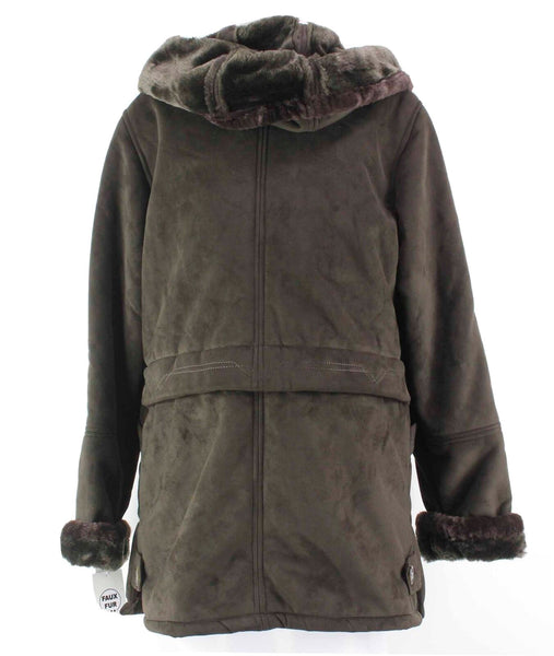 Big Chill NEW $160 Sz S Brown Polyester Faux Fur Lined Hooded Jacket Coat