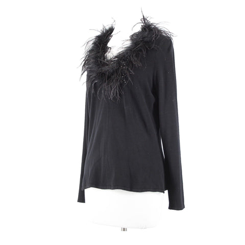Alberto Makali Sz L Black Feathers Trimmed Beaded Viscose Nylon Spandex Fun Top