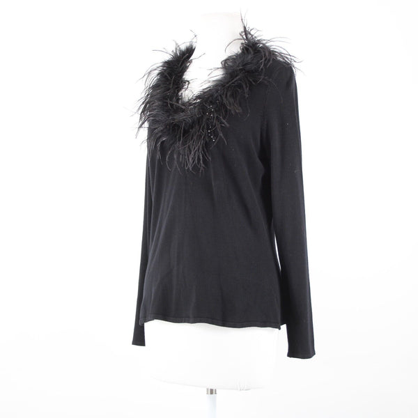 Alberto Makali Sz L Black Feathers Trimmed Beaded Viscose Nylon Spandex Fun Top