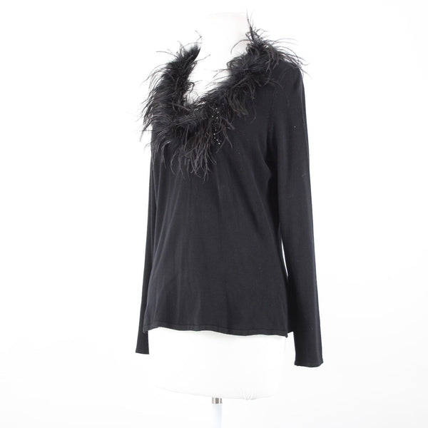 Alberto Makali Sz L Black Feathers Trimmed Beaded Viscose Nylon Spandex Fun Top