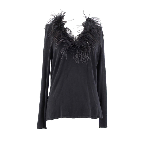 Alberto Makali Sz L Black Feathers Trimmed Beaded Viscose Nylon Spandex Fun Top