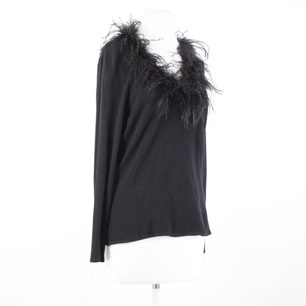 Alberto Makali Sz L Black Feathers Trimmed Beaded Viscose Nylon Spandex Fun Top