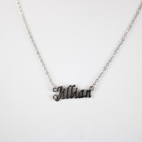 JILLIAN Name Silvertone Rhinestone 14.5" w 4.5" Multi Ring Ext Necklace