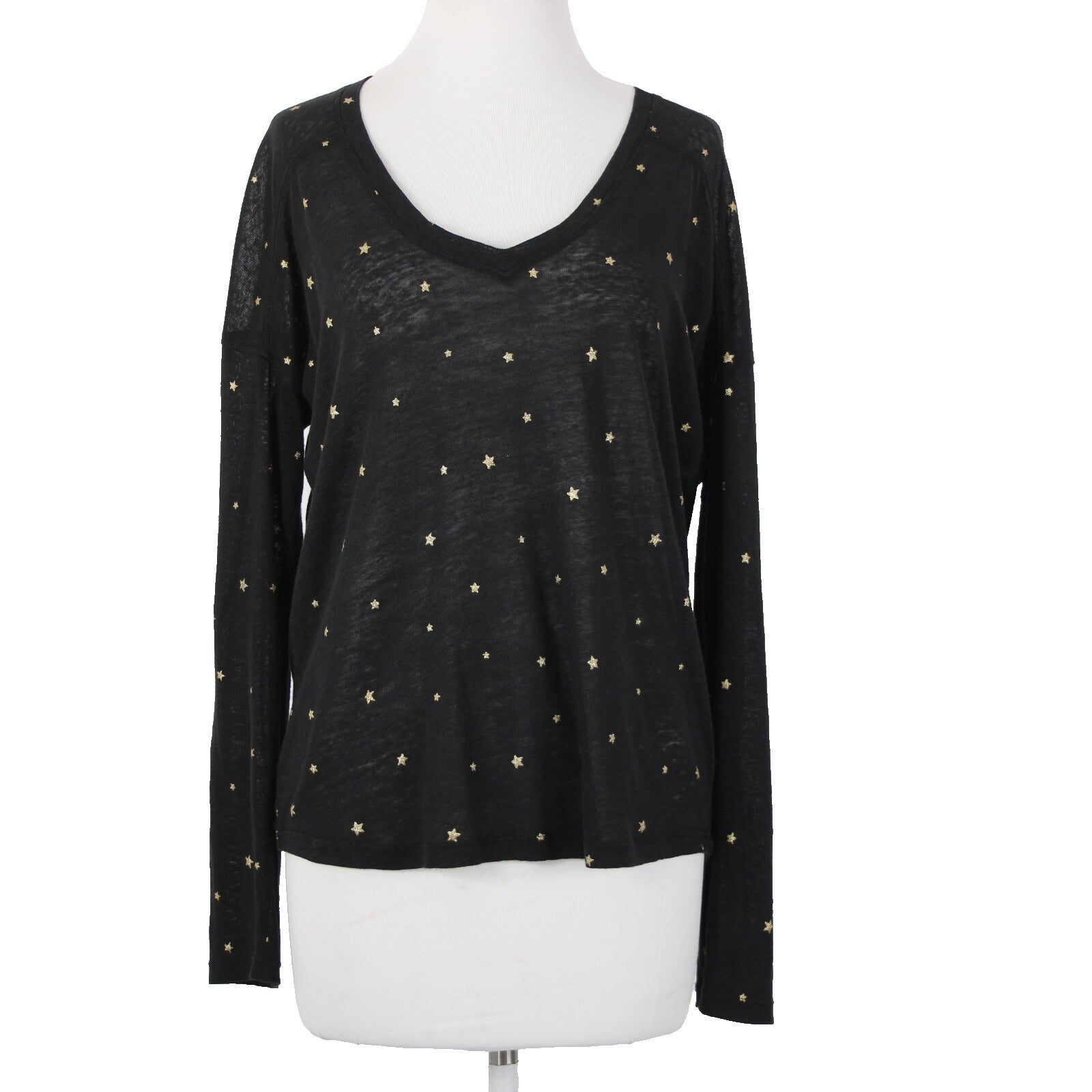 Rails Sz S Black Gold Stars V Neck Sheer Long Sleeve Linen Lyocell Tencel Top