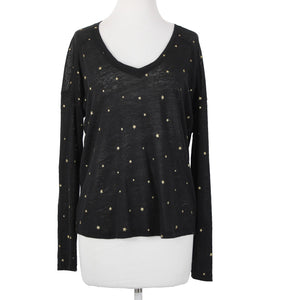 Rails Sz S Black Gold Stars V Neck Sheer Long Sleeve Linen Lyocell Tencel Top
